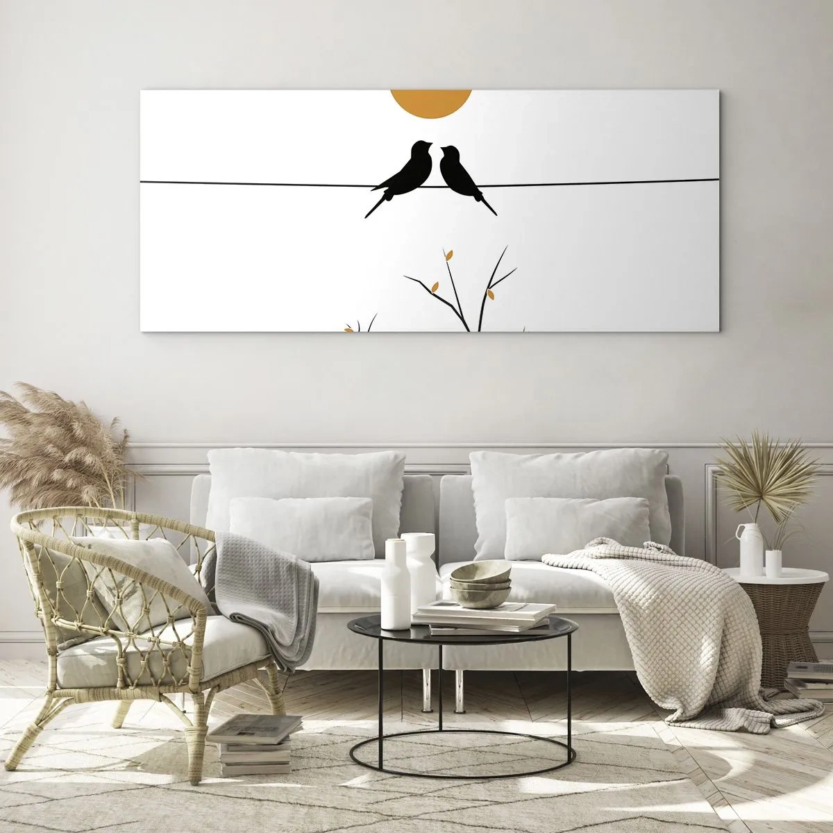 Impression sur verre - Image sur verre - Oiseaux sur une ligne avec un soleil jaune - 120x50cm - Soirée pour rossignols - Décoration murale moderne pour le salon et la chambre ARTTOR