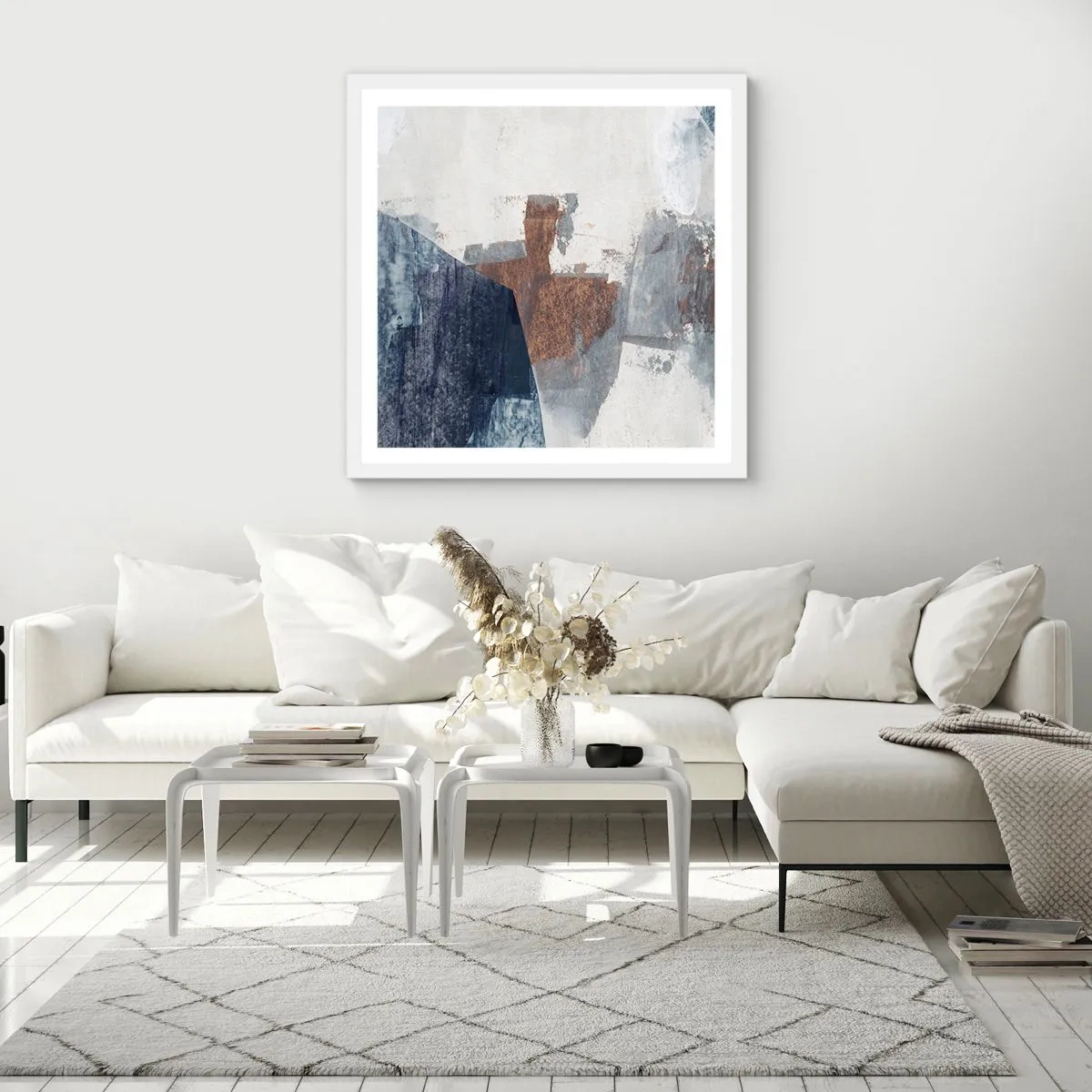 Affiche dans un cadre blanc - Poster - Formes bleues et brunes - 30x30 cm