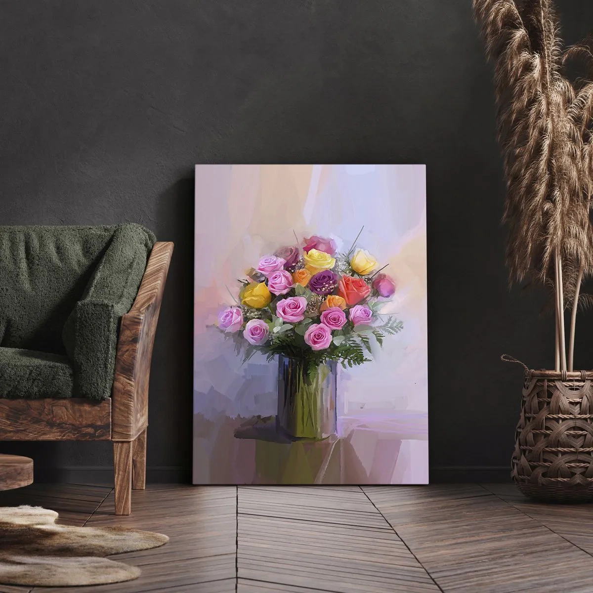 Impression sur toile - Image sur toile - Un bouquet de roses colorées dans un vase en verre - 70x100cm - Beauté conservée - Décoration murale moderne pour le salon et la chambre ARTTOR