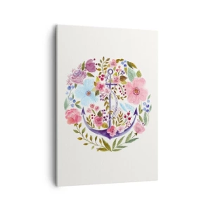Impression sur toile - Image sur toile - Une ancre entourée de fleurs à l'aquarelle sur un fond clair - 50x70cm - Le beau rêve du marin - Décoration murale moderne pour le salon et la chambre ARTTOR