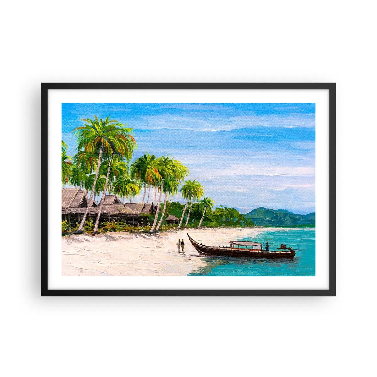 Affiche dans un cadre noir - Poster - Une plage exotique avec des palmiers et un bateau sur le rivage - 70x50cm - Rêve exotique - Décoration murale moderne pour le salon et la chambre ARTTOR