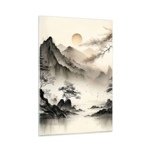 Impression sur verre - Image sur verre - Un paysage oriental avec des montagnes et une pagode aux nuances délicates. - 80x120cm - Le charme unique de l'Orient - Décoration murale moderne pour le salon et la chambre ARTTOR