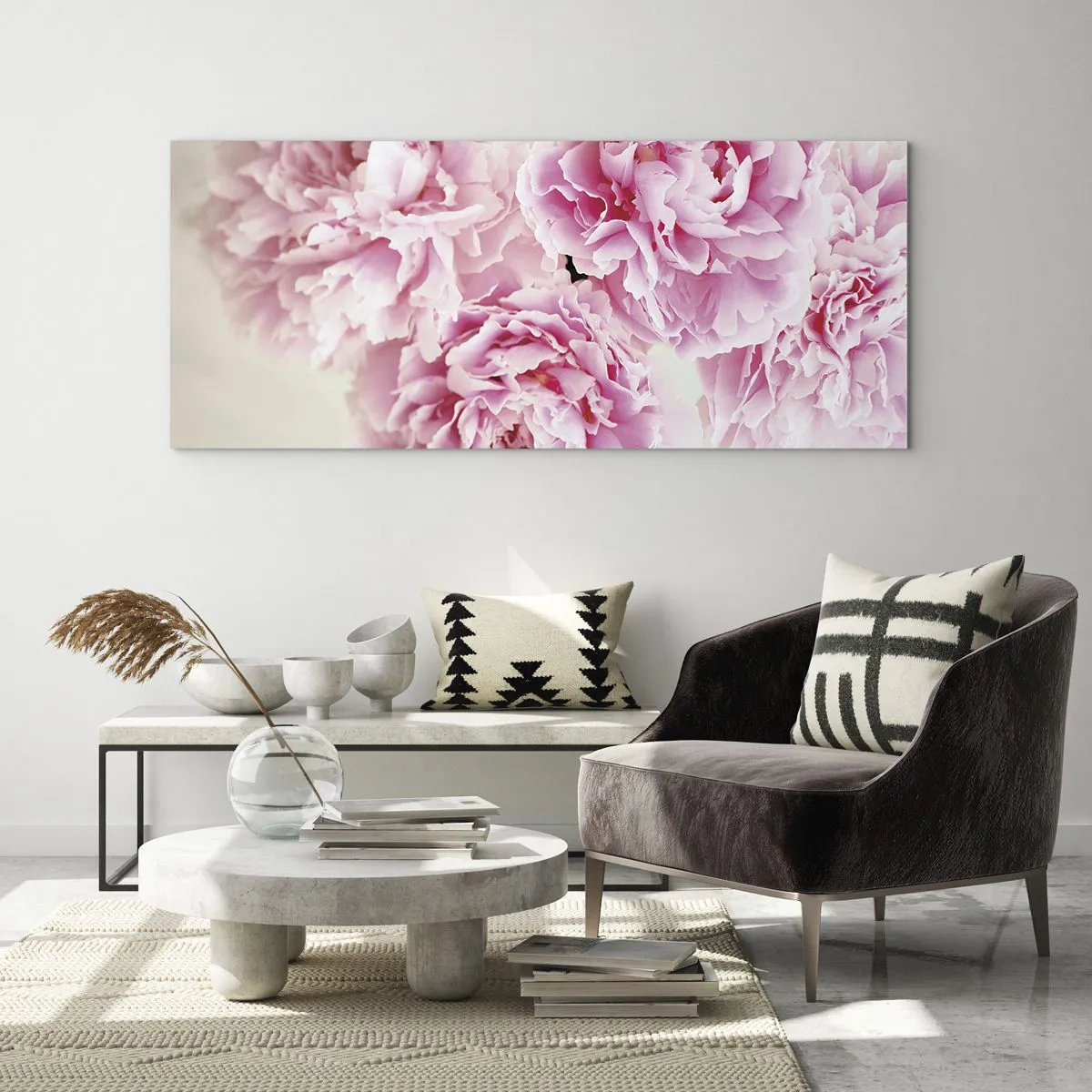 Impression sur verre - Image sur verre - Un bouquet de pivoines roses sur fond clair - 160x50cm - En glamour rose - Décoration murale moderne pour le salon et la chambre ARTTOR
