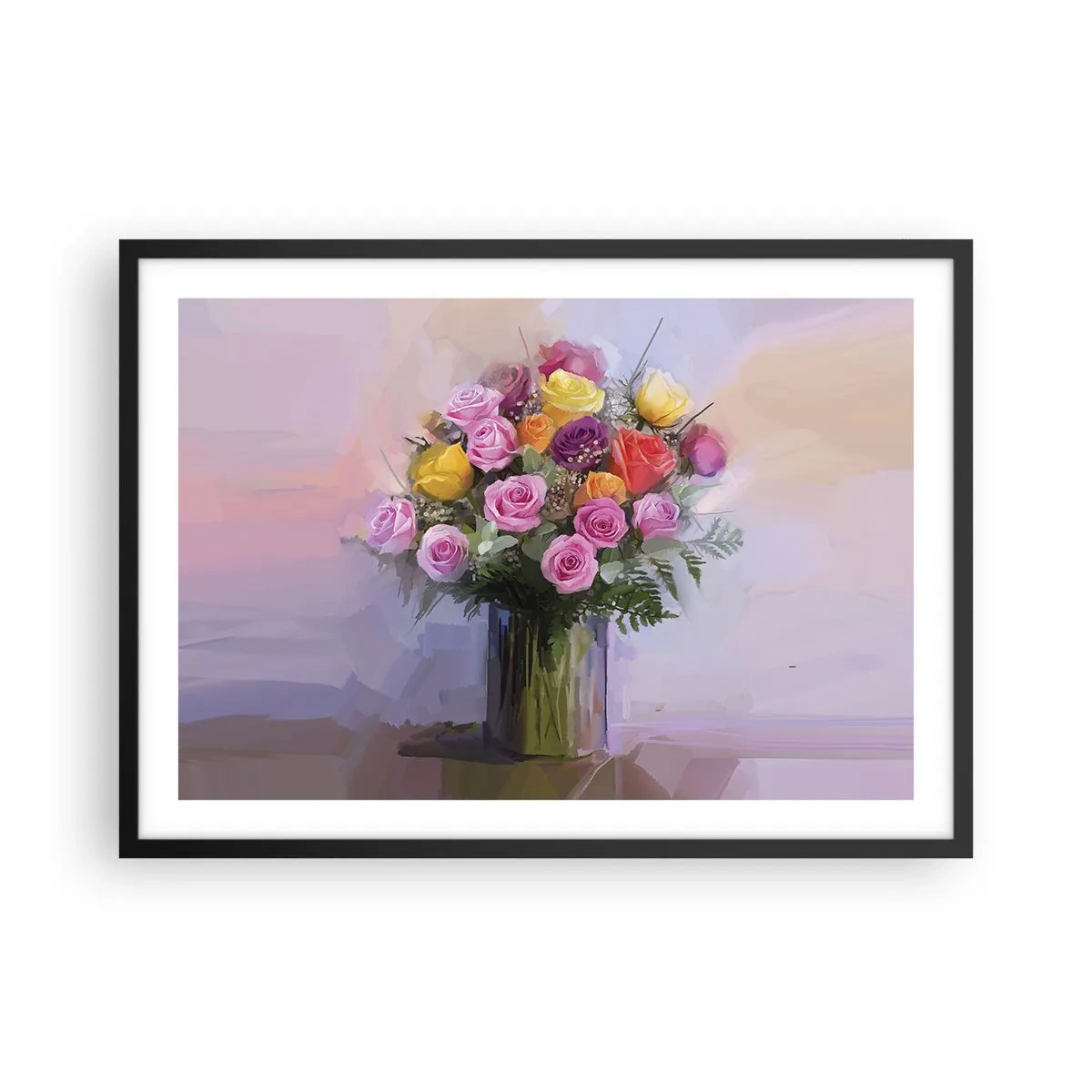 Affiche dans un cadre noir - Poster - Un bouquet de roses colorées dans un vase en verre - 70x50cm - Beauté conservée - Décoration murale moderne pour le salon et la chambre ARTTOR