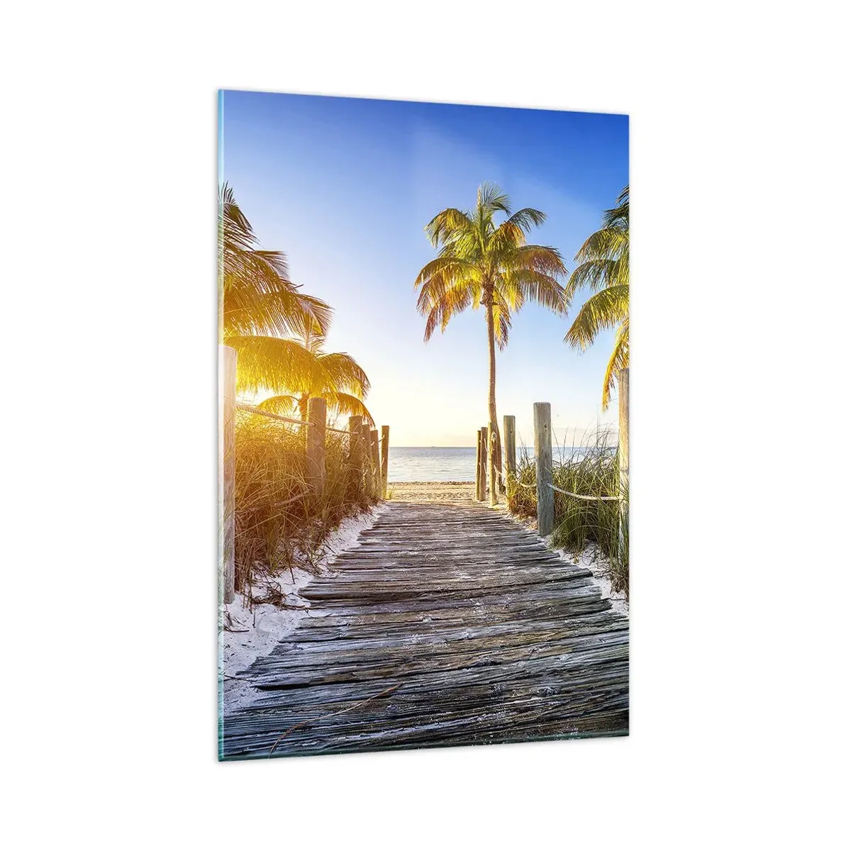 Impression sur verre - Image sur verre - Chemin en bois sur la plage avec des palmiers en arrière-plan - 80x120cm - Directement au paradis - Décoration murale moderne pour le salon et la chambre ARTTOR