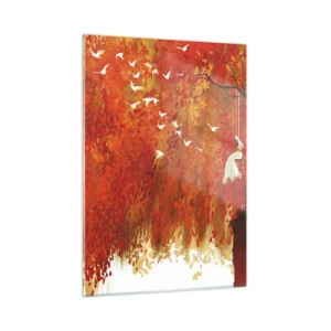Impression sur verre - Image sur verre - Des feuilles rouges, un arbre solitaire et des oiseaux dans une scène d'automne - 50x70cm - S'envolera-t-il avec eux ? - Décoration murale moderne pour le salon et la chambre ARTTOR