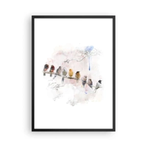 Affiche dans un cadre noir - Poster - Oiseaux assis sur une branche dans un style aquarelle - 50x70cm - Rencontre ailée - Décoration murale moderne pour le salon et la chambre ARTTOR