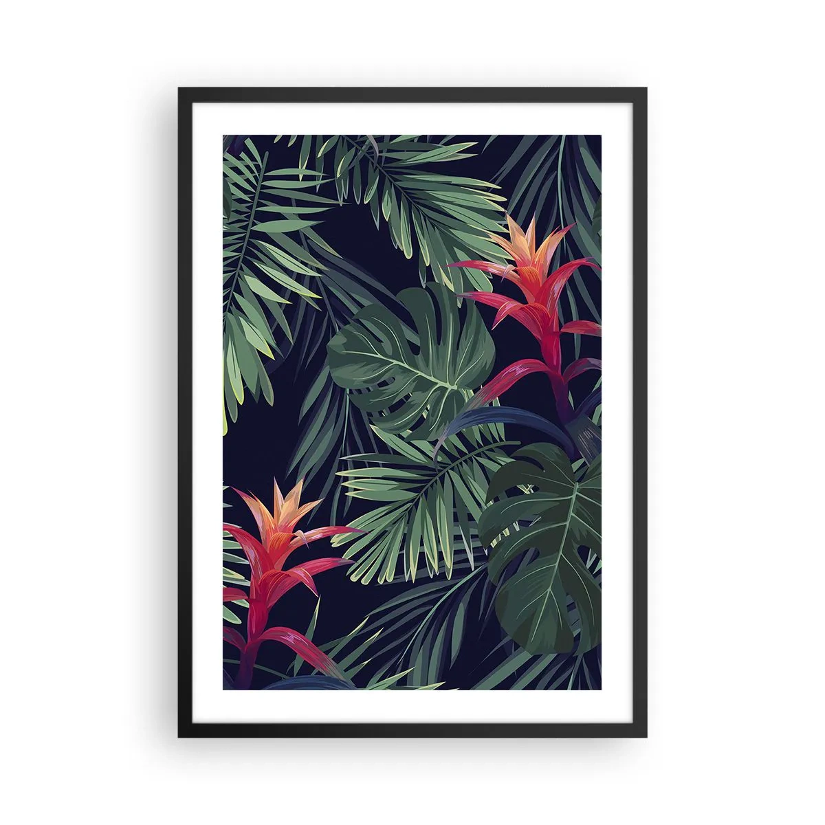 Affiche dans un cadre noir - Poster - Feuilles et fleurs tropicales sur fond sombre - 50x70cm - immergé dans la nature - Décoration murale moderne pour le salon et la chambre ARTTOR
