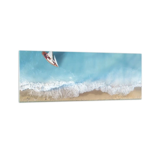 Impression sur verre - Image sur verre - Vue aérienne d'un bateau sur la plage - 140x50cm - A la frontière de l'azur et de l'or - Décoration murale moderne pour le salon et la chambre ARTTOR