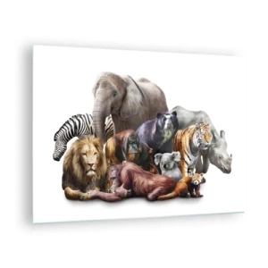 Impression sur verre - Image sur verre - Un groupe d'animaux sauvages sur fond blanc dans une prise de vue artistique - 70x50cm - Photographie de famille africaine - Décoration murale moderne pour le salon et la chambre ARTTOR