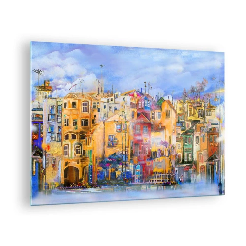 Impression sur verre - Image sur verre - Des immeubles colorés dans un cadre urbain artistique - 70x50cm - Nous sommes ensemble - Décoration murale moderne pour le salon et la chambre ARTTOR