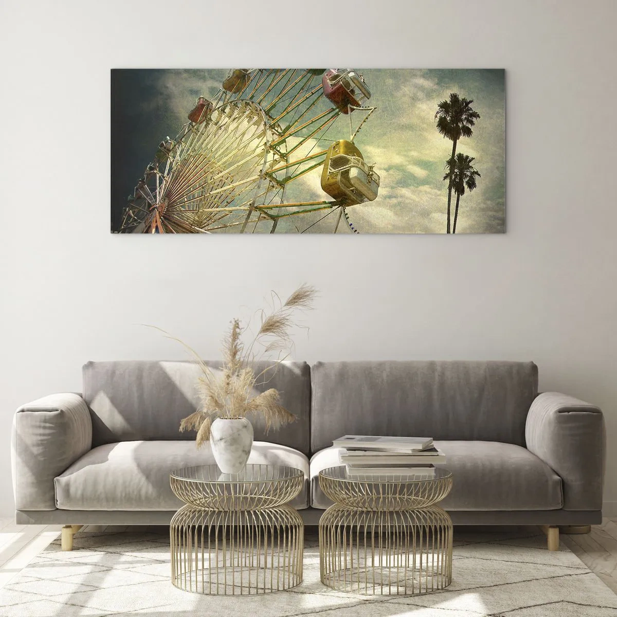 Impression sur verre - Image sur verre - Photo rétro d'une grande roue avec des palmiers contre le ciel - 120x50cm - On va faire la fête - Décoration murale moderne pour le salon et la chambre ARTTOR