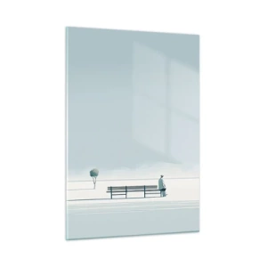 Impression sur verre - Image sur verre - Une figure sur un banc dans un paysage minimaliste - 50x70cm - Oui, j'attends. - Décoration murale moderne pour le salon et la chambre ARTTOR