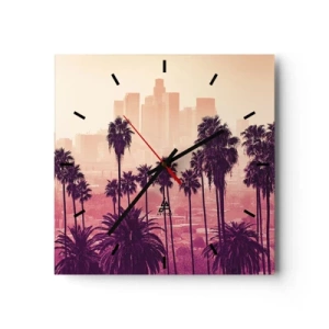 Horloge murale - Pendule murale - Palmiers sur fond de paysage urbain aux couleurs chaudes - 30x30cm - Paysage californien - Décoration murale moderne pour le salon et la chambre ARTTOR