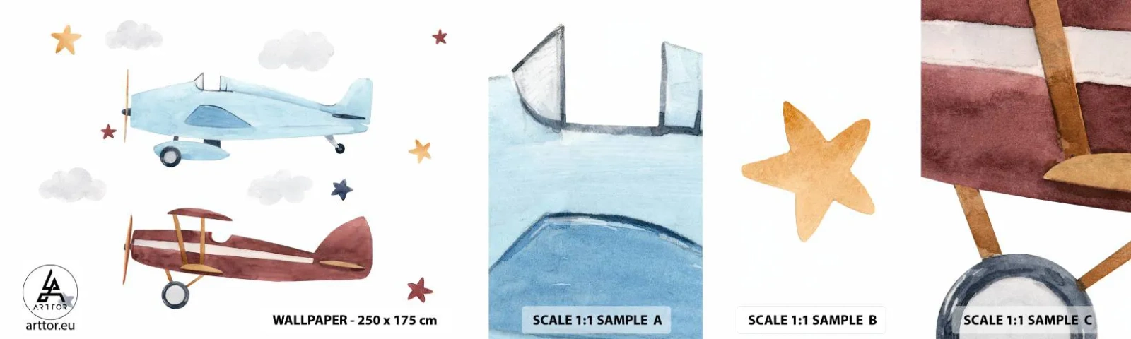 Échantillon de Papier Peint Autocollant Deluxe Sticker - Monsieur le pilote, nous vous attendons ! - Avions, Rétro, Enfants - 100x30 cm