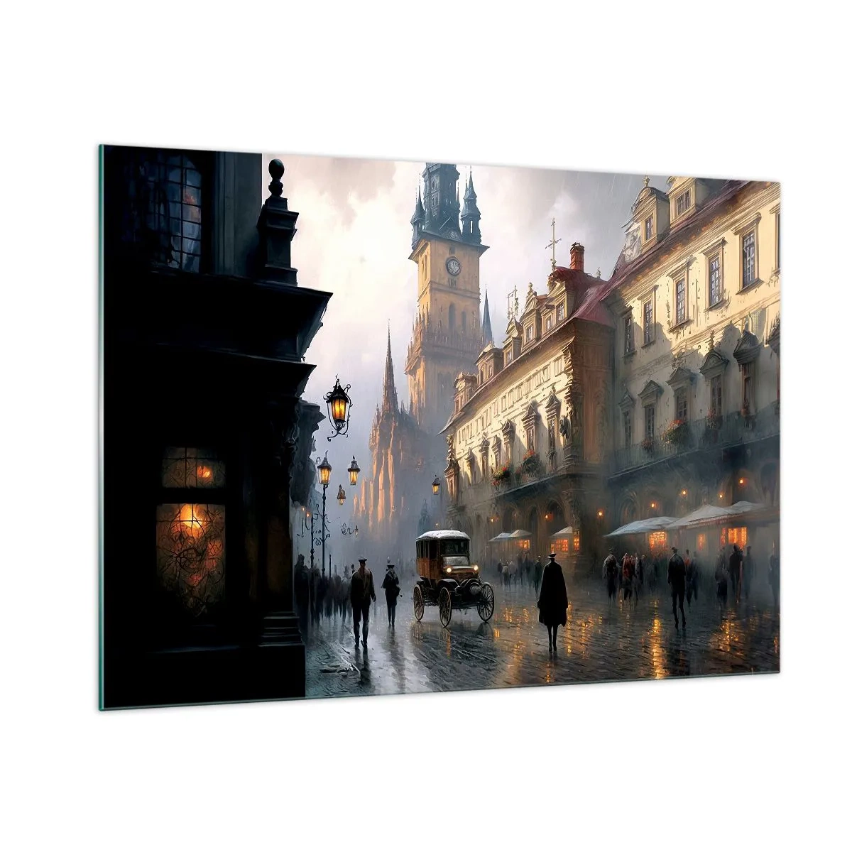 Impression sur verre - Image sur verre - Une rue historique éclairée par des lanternes au crépuscule - 100x70cm - Le charme d'une soirée pragoise - Décoration murale moderne pour le salon et la chambre ARTTOR