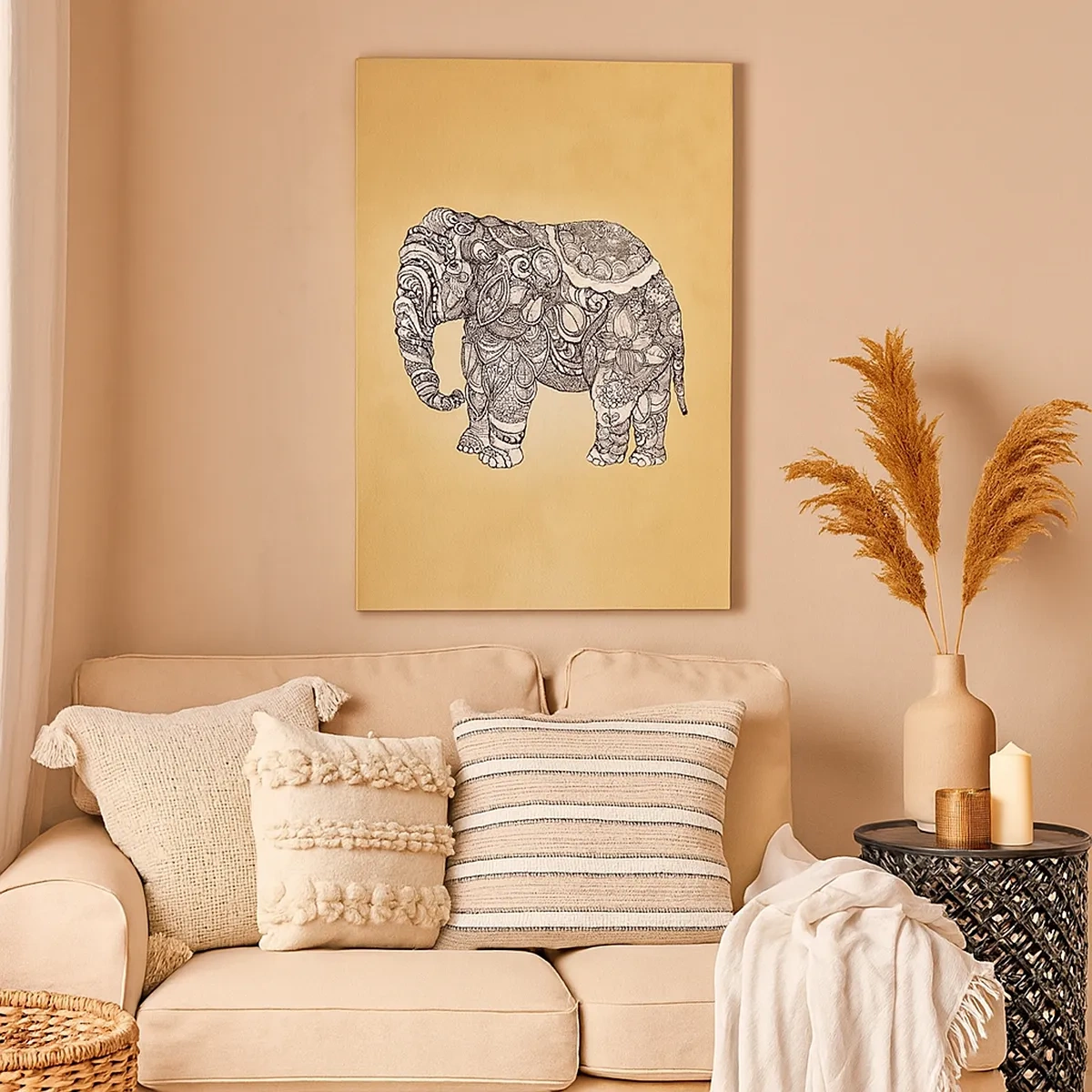 Impression sur toile - Image sur toile - Éléphant dessiné à la main avec un motif orné sur un fond beige - 50x70cm - L'éléphant s'est apprêté - Décoration murale moderne pour le salon et la chambre ARTTOR