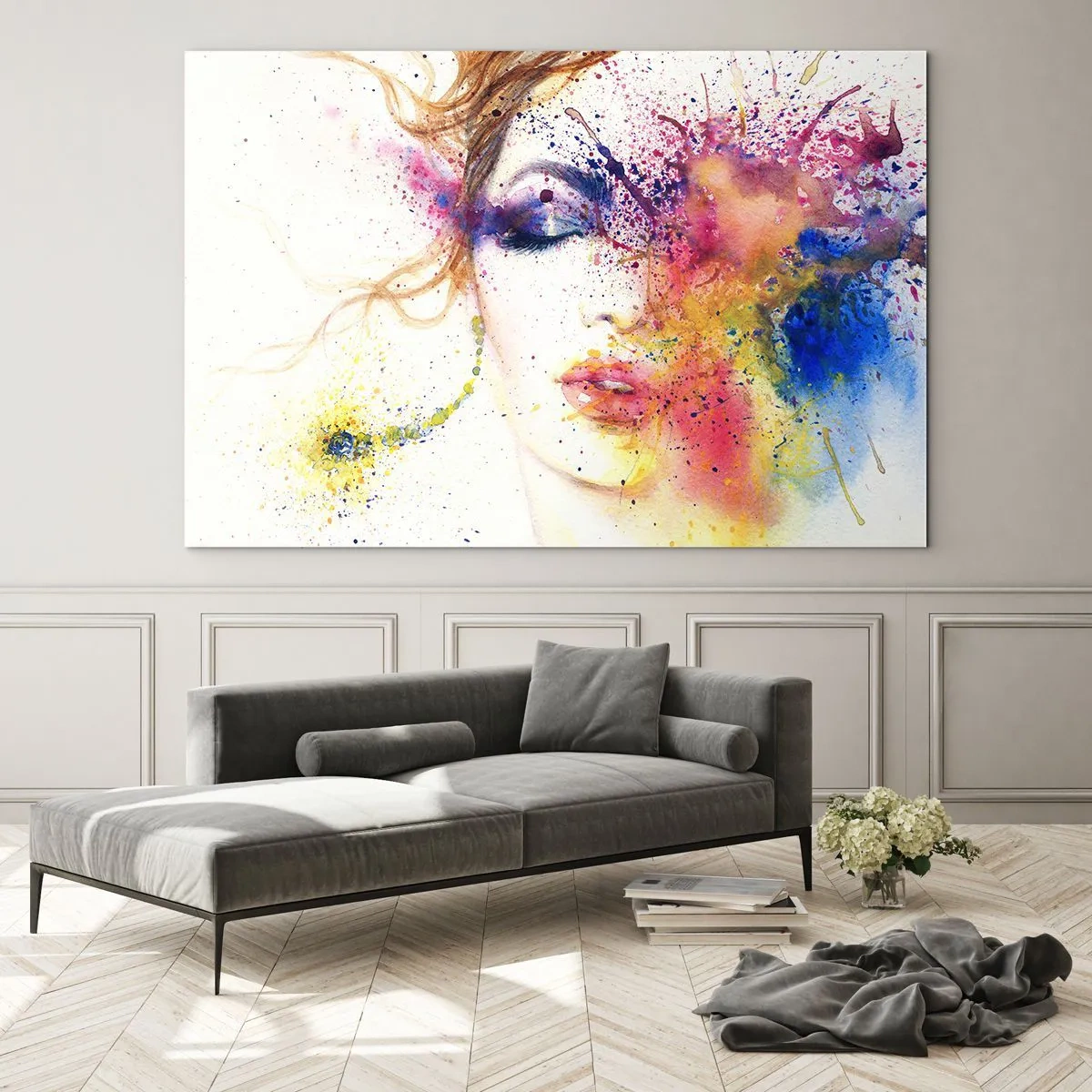 Impression sur verre - Image sur verre - Portrait abstrait d'une femme avec des éclaboussures de peinture arc-en-ciel - 70x50cm - Vertiges arc-en-ciel - Décoration murale moderne pour le salon et la chambre ARTTOR