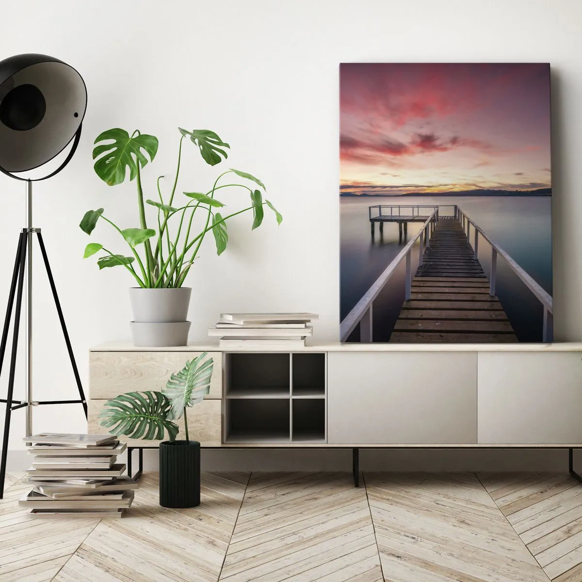 Impression sur toile - Image sur toile - Une jetée menant à un lac tranquille au coucher du soleil - 80x120cm - La douce flamme du soir - Décoration murale moderne pour le salon et la chambre ARTTOR