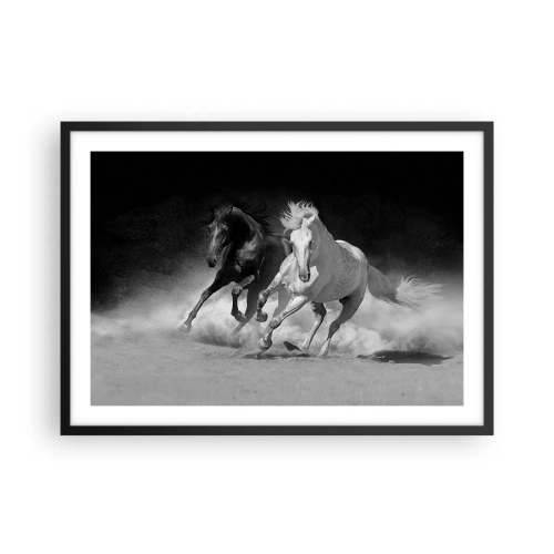 Affiche dans un cadre noir - Poster - Chevaux au galop en noir et blanc - 70x50cm - Galop de la liberté - Décoration murale moderne pour le salon et la chambre ARTTOR