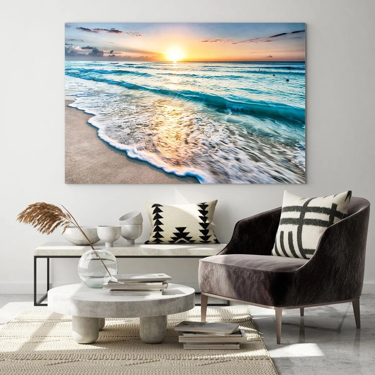Impression sur verre - Image sur verre - Plage le matin avec vagues et lever de soleil - 120x80cm - Une vue qui en vaut la peine - Décoration murale moderne pour le salon et la chambre ARTTOR