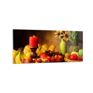 Impression sur verre - Image sur verre - Nature morte avec fruits, pain, bougie et fleurs - 120x50cm - Nature morte de pain et de fruits - Décoration murale moderne pour le salon et la chambre ARTTOR