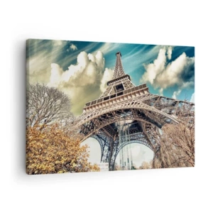 Impression sur toile - Image sur toile - La Tour Eiffel vue d'en bas dans un décor automnal - 70x50cm - Et en automne à Paris... - Décoration murale moderne pour le salon et la chambre ARTTOR