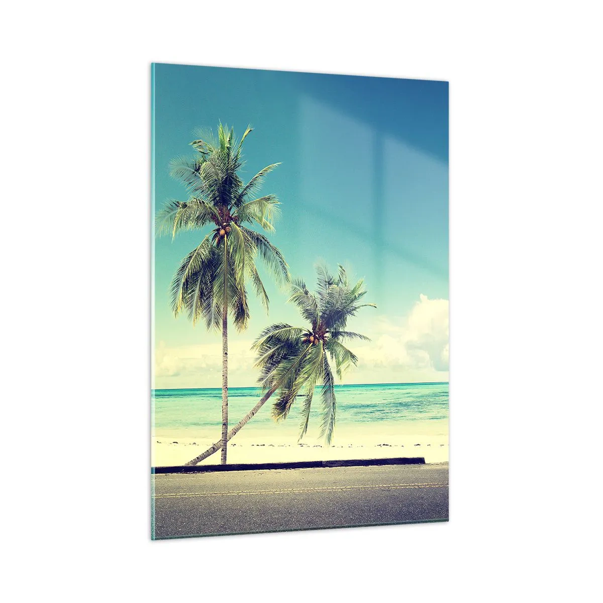 Impression sur verre - Image sur verre - Une plage avec des palmiers et une camionnette rétro rose au bord de la mer - 50x70cm - Il est temps de commencer les vacances - Décoration murale moderne pour le salon et la chambre ARTTOR