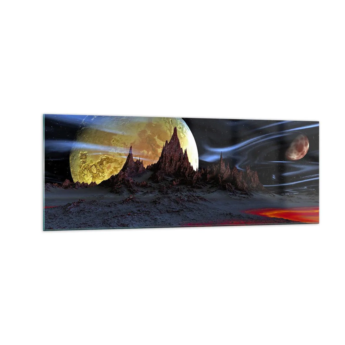 Impression sur verre - Image sur verre - Un paysage fantastique avec des planètes et des paysages volcaniques - 140x50cm - Monde inconnu - Décoration murale moderne pour le salon et la chambre ARTTOR