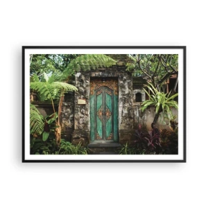 Affiche dans un cadre noir - Poster - Portes décoratives entourées de végétation tropicale - 100x70cm - Porte vers un monde exotique - Décoration murale moderne pour le salon et la chambre ARTTOR