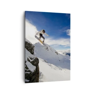 Impression sur toile - Image sur toile - Un snowboardeur saute d'une falaise avec des montagnes enneigées en arrière-plan. - 50x70cm - Liberté sans limite - Décoration murale moderne pour le salon et la chambre ARTTOR