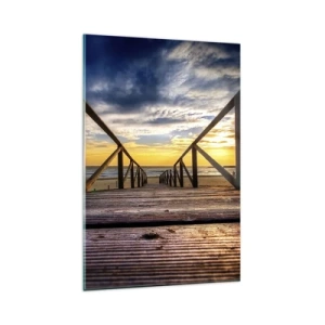 Impression sur verre - Image sur verre - Jetée en bois menant à la plage au coucher du soleil - 80x120cm - Directement sur une plage calme au coucher de soleil - Décoration murale moderne pour le salon et la chambre ARTTOR