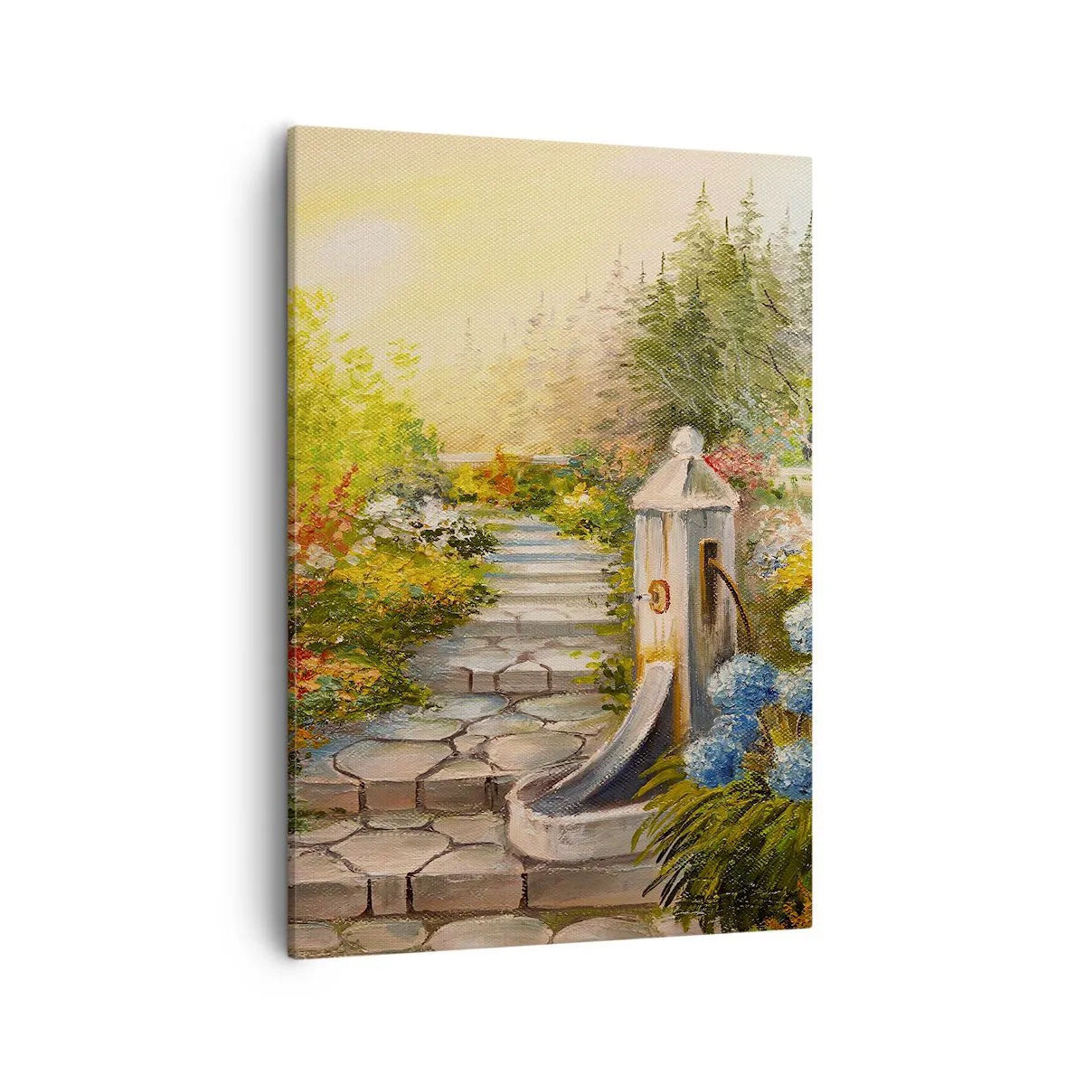 Impression sur toile - Image sur toile - Un jardin pittoresque avec une fontaine et des fleurs colorées - 50x70cm - En pleine floraison - Décoration murale moderne pour le salon et la chambre ARTTOR