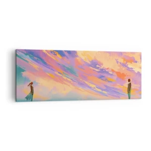 Impression sur toile - Image sur toile - Une scène dynamique avec des personnages sur fond de ciel coucher de soleil coloré - 140x50cm - La force d'attraction - Décoration murale moderne pour le salon et la chambre ARTTOR