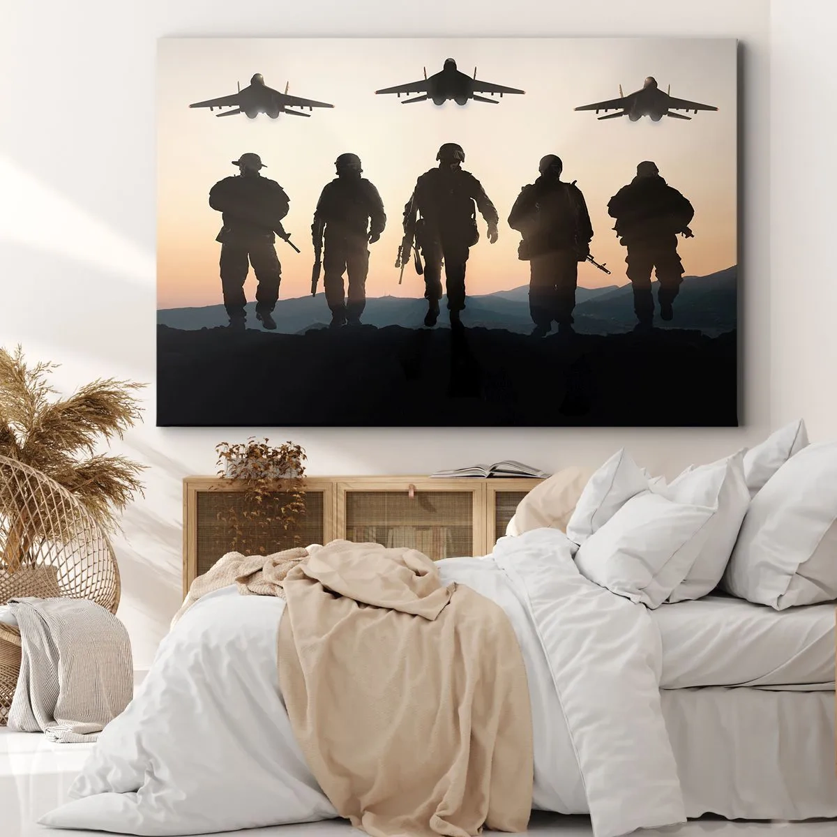 Impression sur toile - Image sur toile - Silhouettes de soldats et d'avions de chasse sur fond de coucher de soleil - 100x70cm - Bienvenue dans notre monde - Décoration murale moderne pour le salon et la chambre ARTTOR