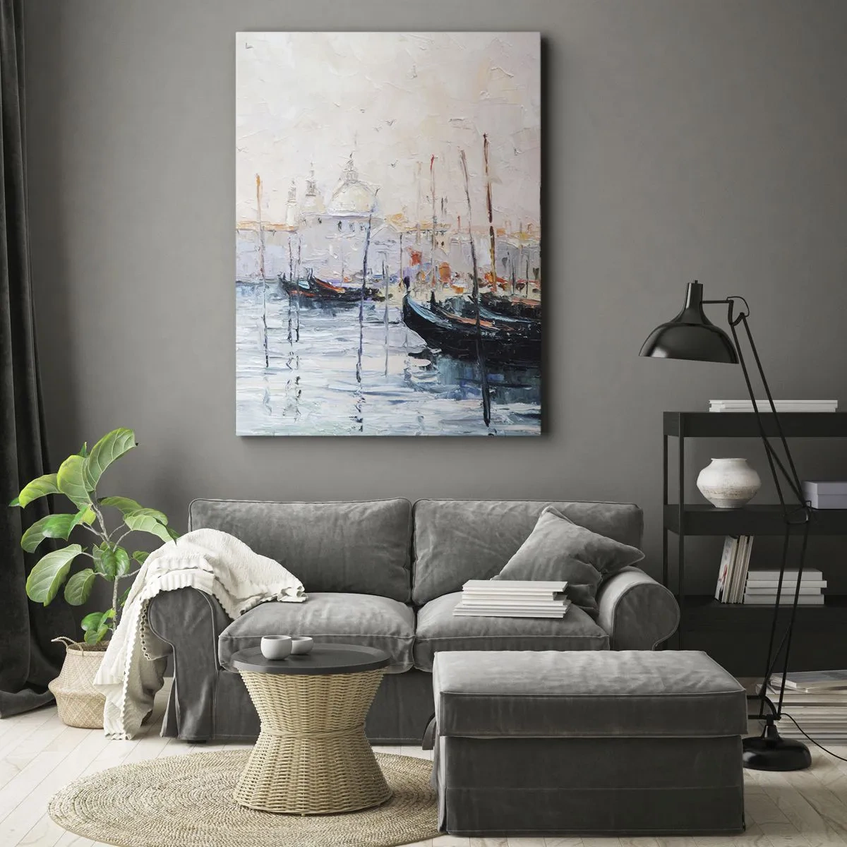 Impression sur toile - Image sur toile - Vue pittoresque des canaux avec des bateaux aux couleurs pastel - 70x100cm - Derrière l'eau, derrière le brouillard - Décoration murale moderne pour le salon et la chambre ARTTOR