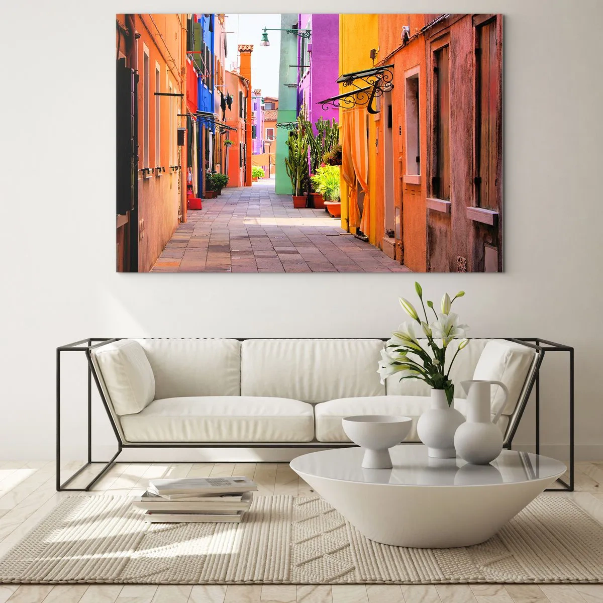 Impression sur verre - Image sur verre - Une rue colorée avec des immeubles aux tons chauds - 70x50cm - Allée arc-en-ciel - Décoration murale moderne pour le salon et la chambre ARTTOR
