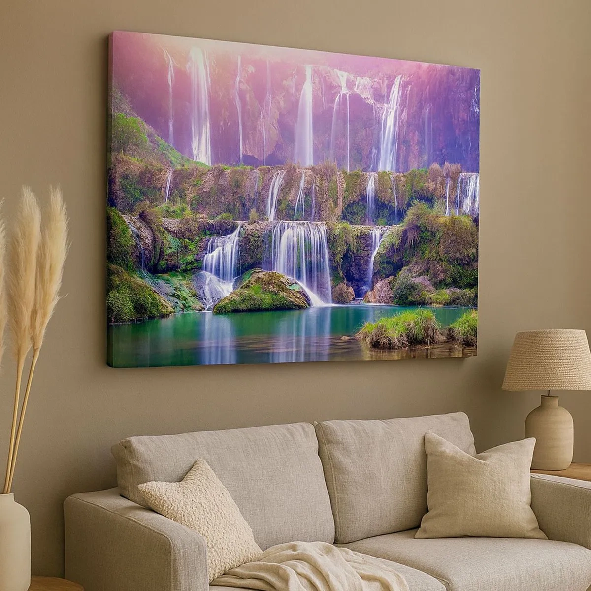 Impression sur toile - Image sur toile - Cascades entourées de verdure avec un éclairage pastel - 70x50cm - Escalier vers le ciel - Décoration murale moderne pour le salon et la chambre ARTTOR