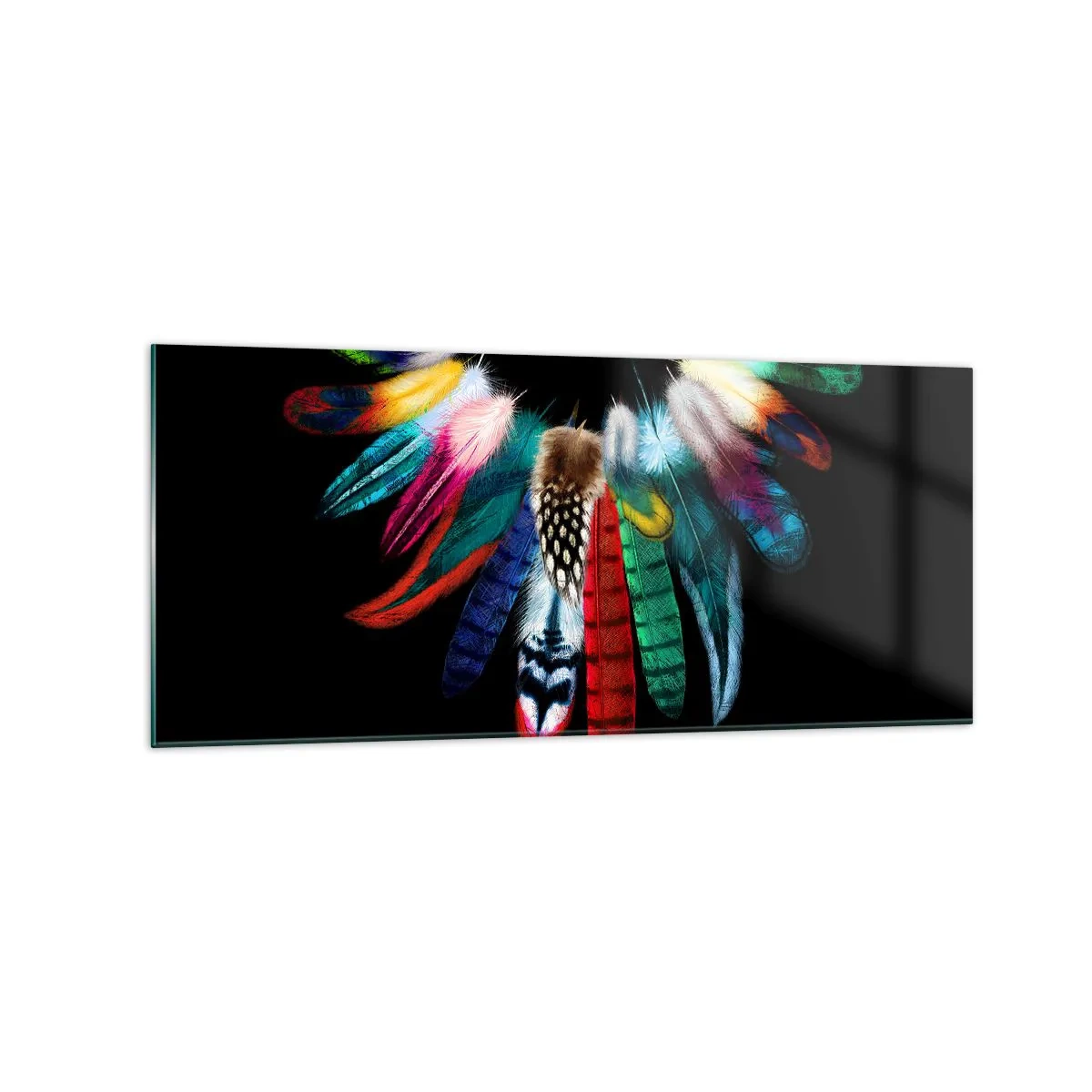 Impression sur verre - Image sur verre - Plumes colorées sur fond noir dans une composition artistique - 120x50cm - Collier indien - Décoration murale moderne pour le salon et la chambre ARTTOR