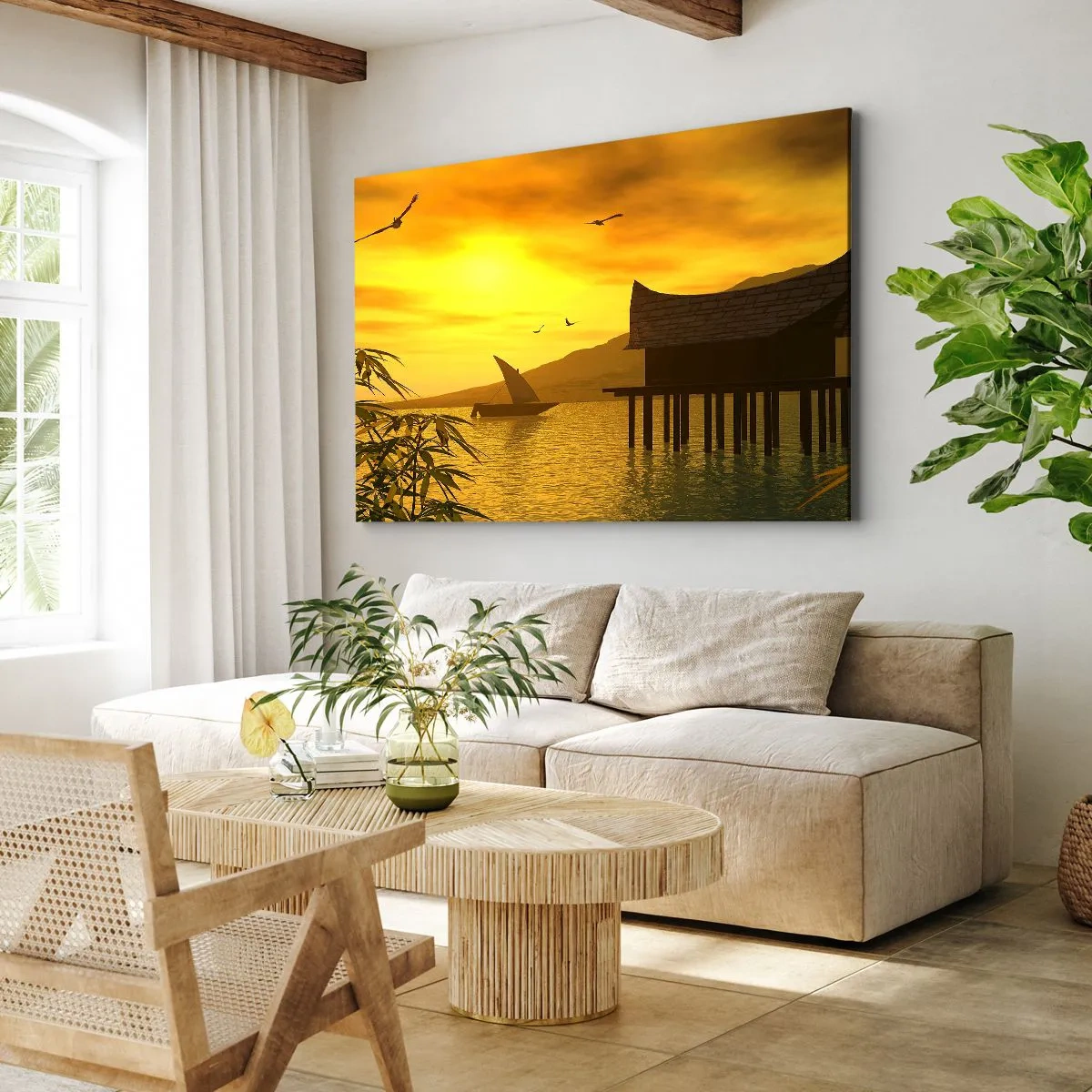 Impression sur toile - Image sur toile - Coucher de soleil tropical sur l'eau avec une maison en bois sur pilotis. - 70x50cm - La paix tant désirée - Décoration murale moderne pour le salon et la chambre ARTTOR