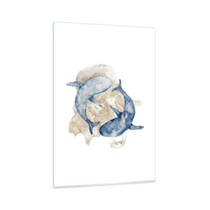 Impression sur verre - Image sur verre - Baleines bleues abstraites sur fond clair - 80x120cm - Amis ou amoureux? - Décoration murale moderne pour le salon et la chambre ARTTOR