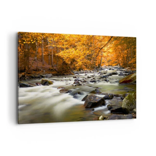Impression sur toile - Image sur toile - Un ruisseau dans une forêt d'automne entouré de feuilles dorées - 120x80cm - Un ruisseau dans une forêt dorée - Décoration murale moderne pour le salon et la chambre ARTTOR