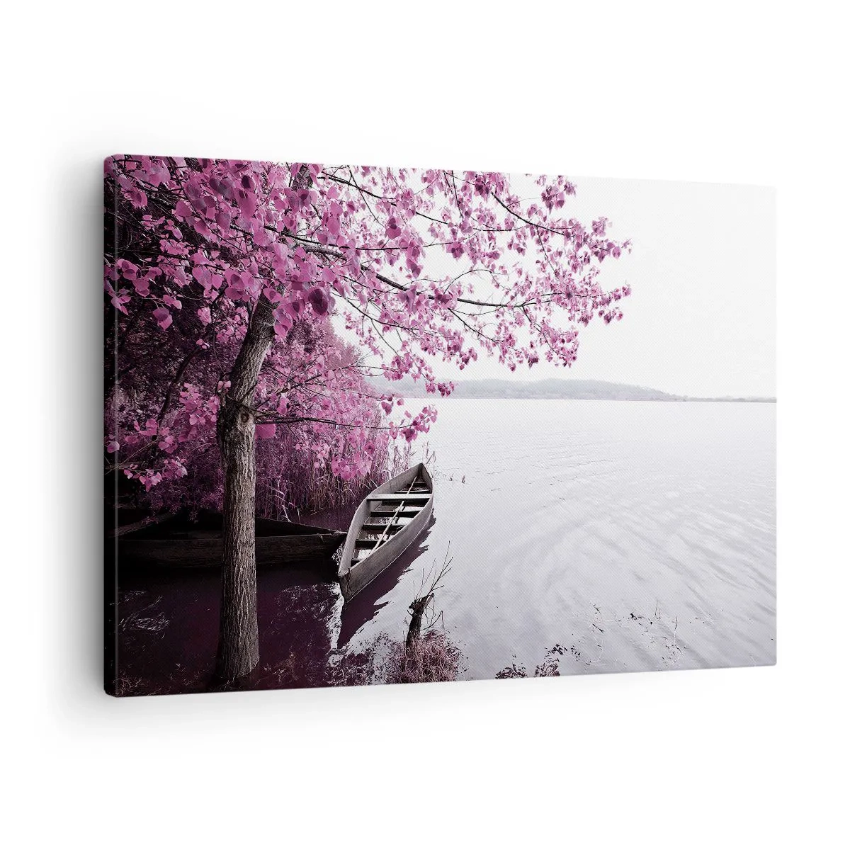 Impression sur toile - Image sur toile - Un bateau au bord d'un lac parmi des arbres roses - 70x50cm - Dans un silence rose - Décoration murale moderne pour le salon et la chambre ARTTOR