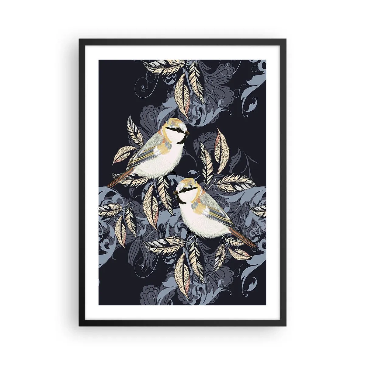 Affiche dans un cadre noir - Poster - Deux oiseaux sur un fond de feuilles décoratives et d'ornements - 50x70cm - Babillement jaune et bleu - Décoration murale moderne pour le salon et la chambre ARTTOR