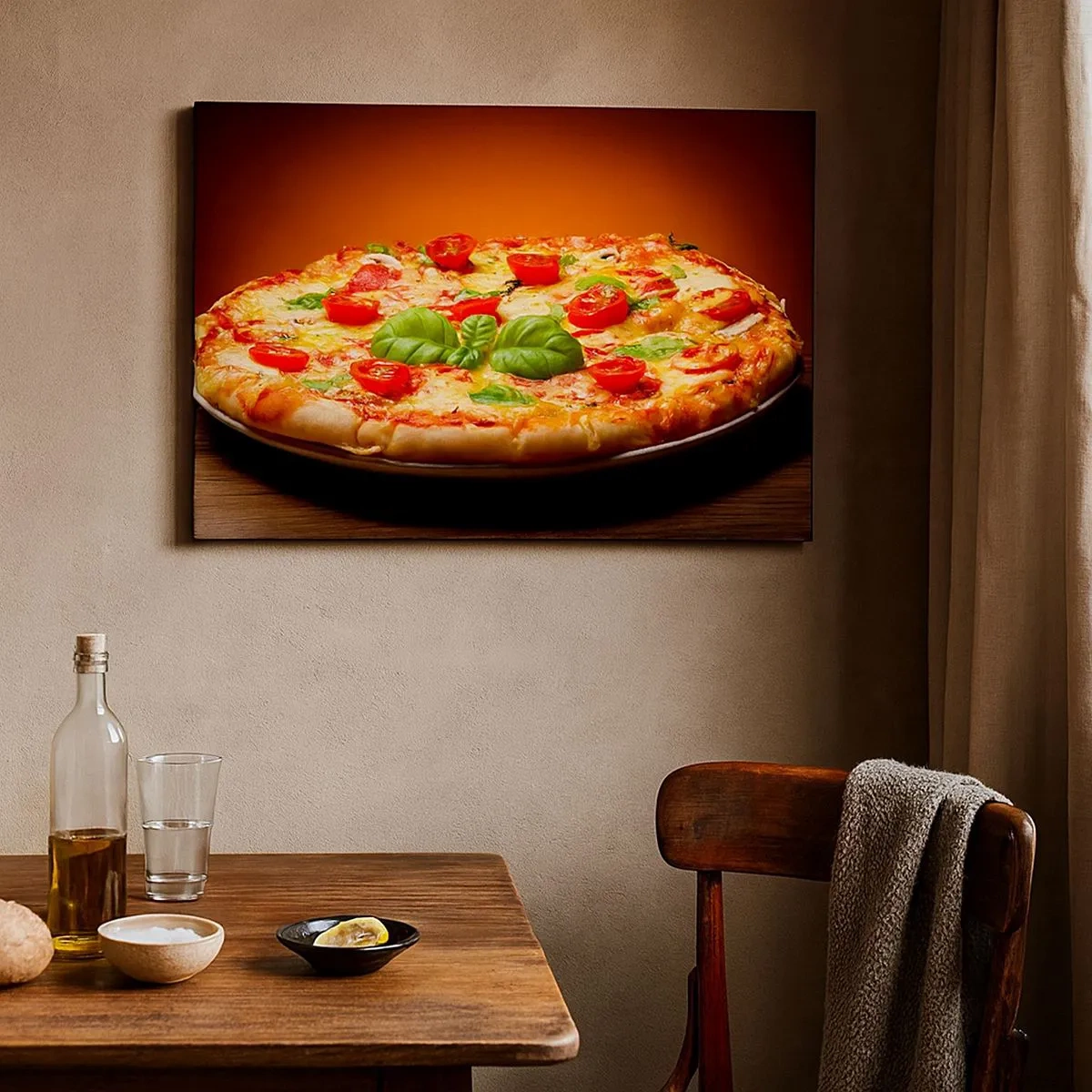 Impression sur toile - Image sur toile - Pizza aux tomates et au basilic sur une table en bois - 70x50cm - Mamma mia! - Décoration murale moderne pour le salon et la chambre ARTTOR