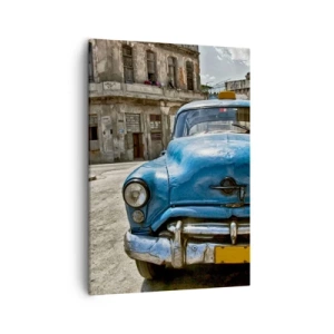Impression sur toile - Image sur toile - Une vieille voiture bleue dans la rue dans un style rétro - 50x70cm - L'ancien est beau - Décoration murale moderne pour le salon et la chambre ARTTOR