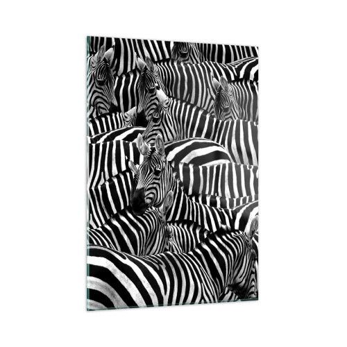 Impression sur verre - Image sur verre - Un troupeau de zèbres en monochrome - 50x70cm - Portrait collectif à rayures - Décoration murale moderne pour le salon et la chambre ARTTOR