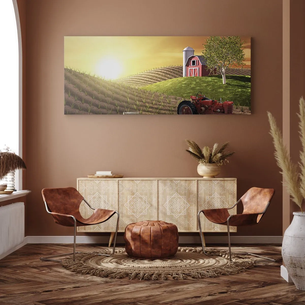 Impression sur toile - Image sur toile - Paysage rural avec une grange rouge, un tracteur et un lever de soleil - 140x50cm - Une ferme comme dans un conte de fées - Décoration murale moderne pour le salon et la chambre ARTTOR