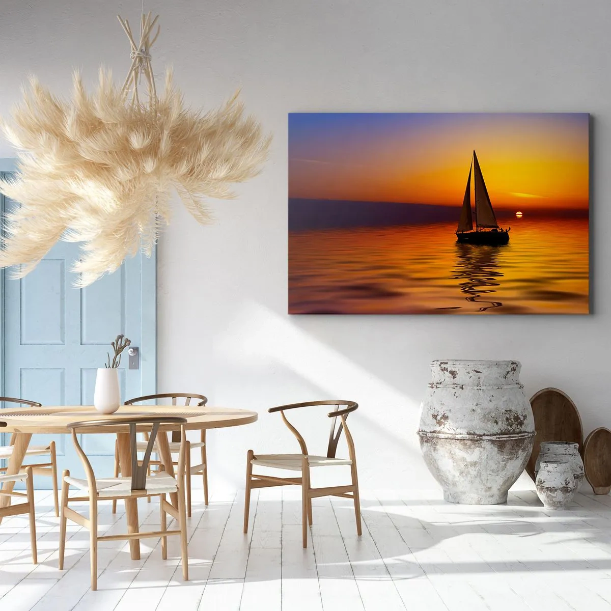 Impression sur toile - Image sur toile - Un voilier sur une mer calme au coucher du soleil - 100x70cm - Comme c'est calme au crépuscule… - Décoration murale moderne pour le salon et la chambre ARTTOR