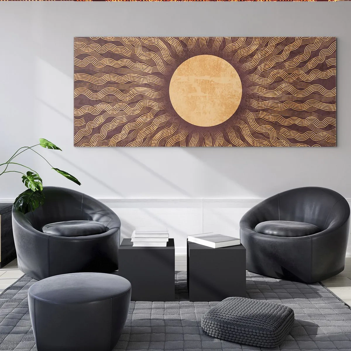 Impression sur verre - Image sur verre - Motif ensoleillé avec des rayons sur un fond dans les tons marron - 120x50cm - Icône du soleil - Décoration murale moderne pour le salon et la chambre ARTTOR